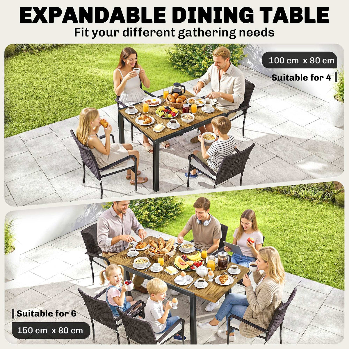 7-Piece Rattan 6-Seater Dining Set with Acacia Top and Cushions, Cream White — product view 7