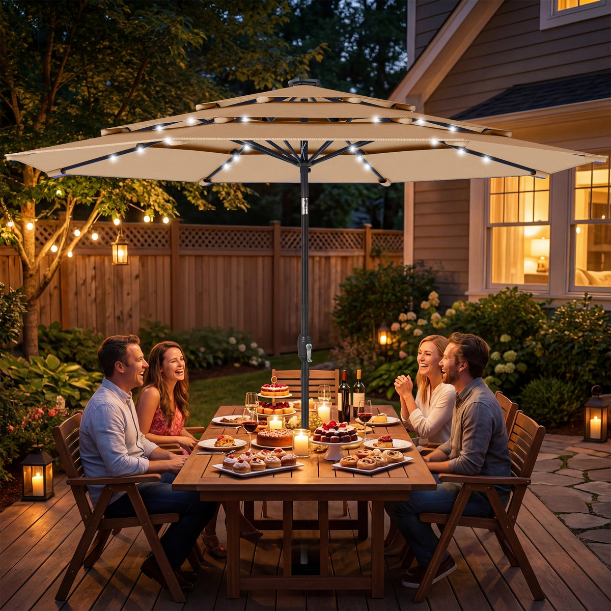 2.8 m Garden Parasol with Solar LED Light, Cover and 3-Tier Top, Khaki — product view 3