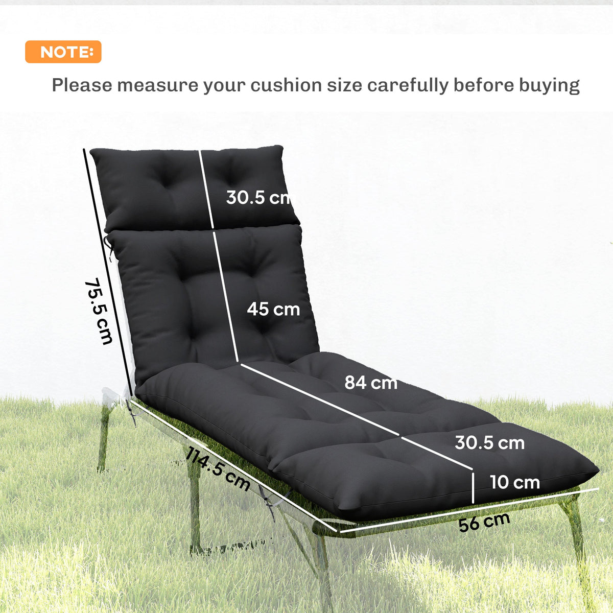 190x56x10cm Sun Lounger Cushions Set of 2 for Loungers, 220gsm UPF20+ Black — product view 5
