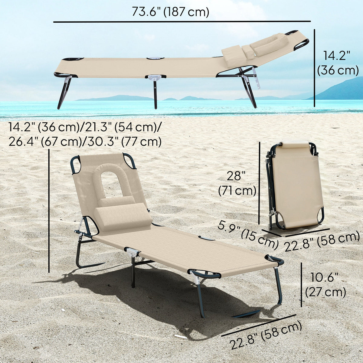Folding Outdoor Lounge Chair with Face Hole and Pillow, Beige — product view 5