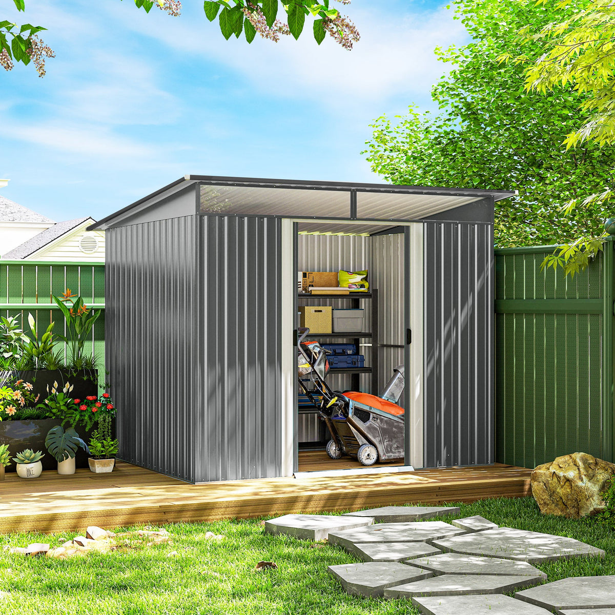 9ft x 6.5ft Metal Shed with Double Doors & Light Panels, Light Grey — product view 4