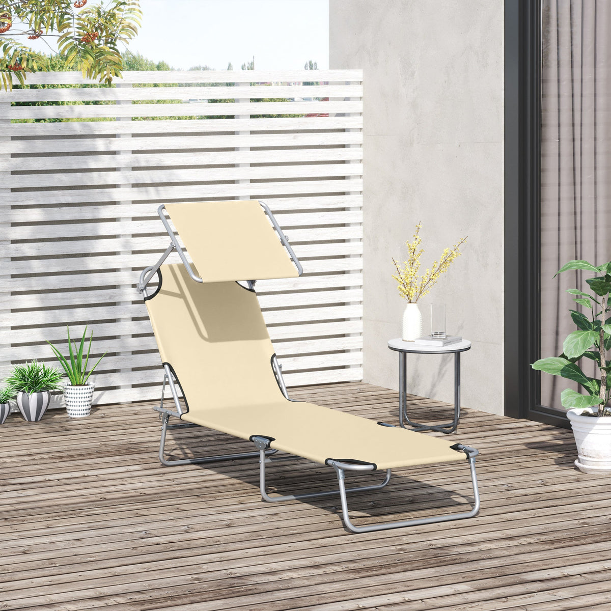 Adjustable Folding Lounge Chair with Sun Shade, Beige — product view 3