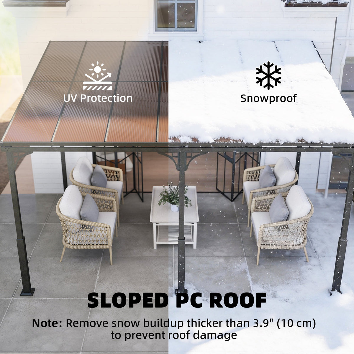 4 x 3 m Metal Lean-to Pergola with Polycarbonate Roof, Brown — product view 7