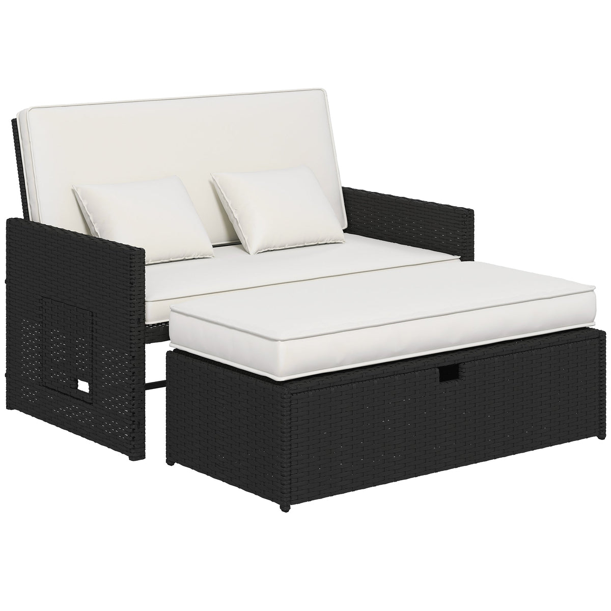 Rattan Garden Daybed with Ottoman, Retractable Trays & Cushions, Cream White — product view 1