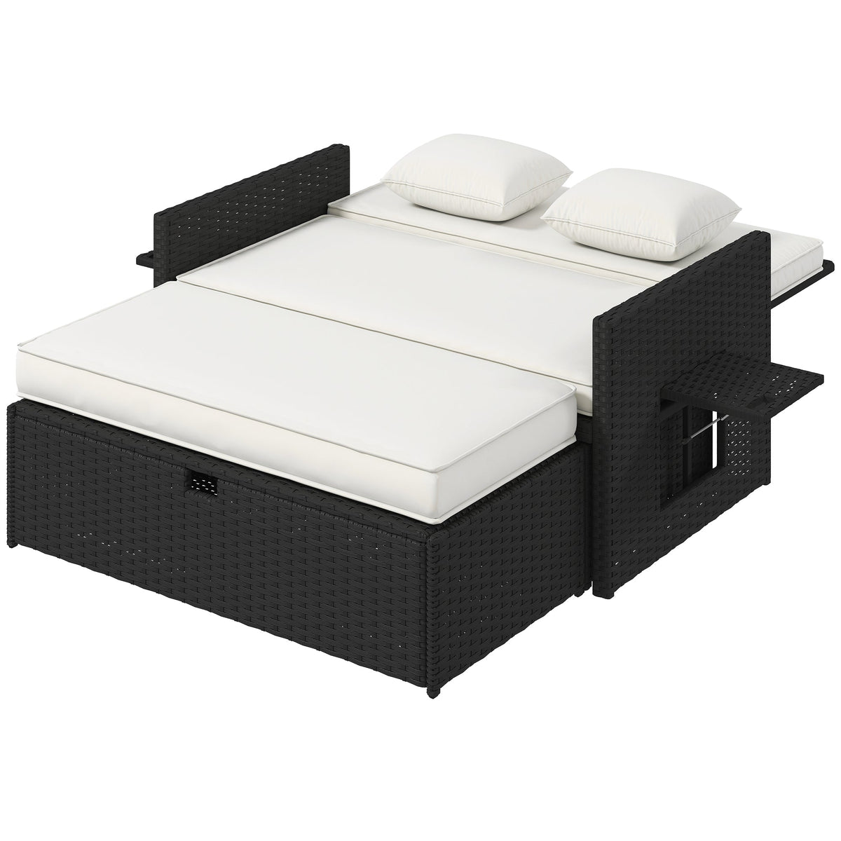Rattan Garden Daybed with Ottoman, Retractable Trays & Cushions, Cream White — product view 2