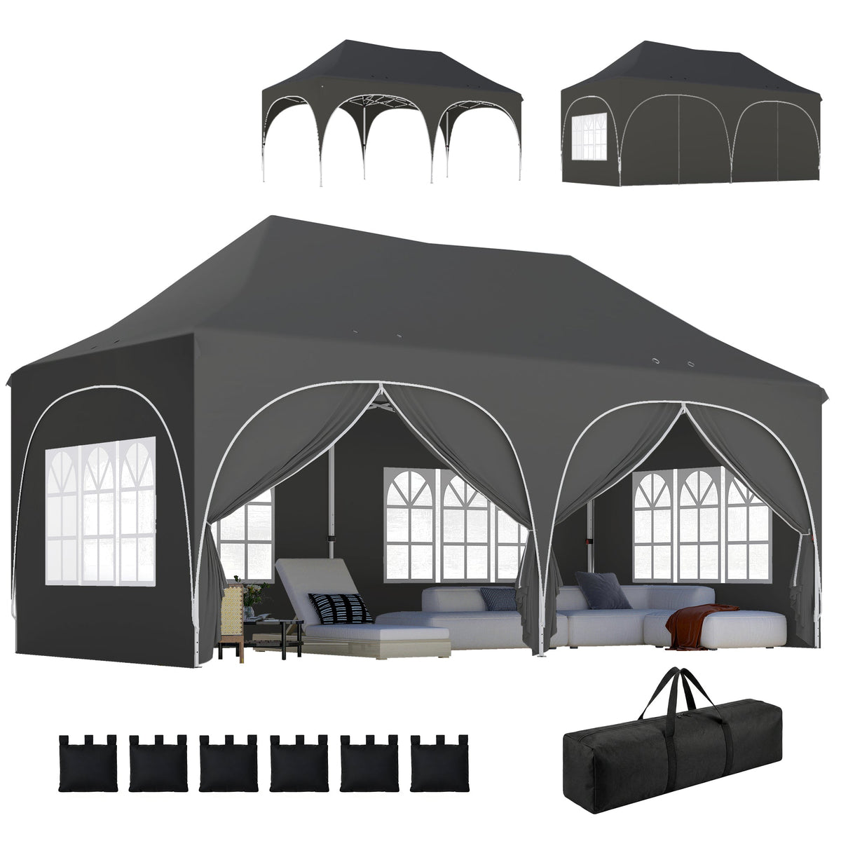 3 x 6m Pop Up Gazebo with Sides, Sandbags & Windows, Dark Grey — product view 1
