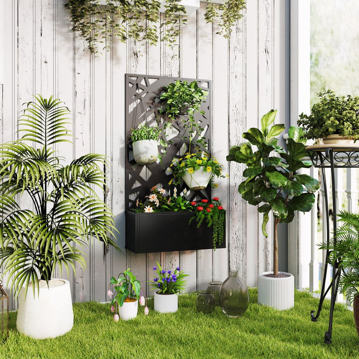 Metal Raised Garden Bed with Trellis Privacy Panel, Irregular Line Cut-Out — product view 3