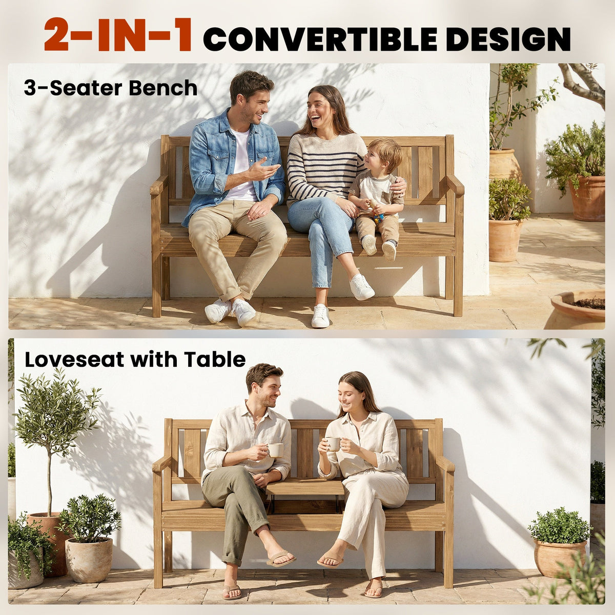 2-3 Seater Wooden Garden Loveseat with Liftable Table, Teak — product view 6