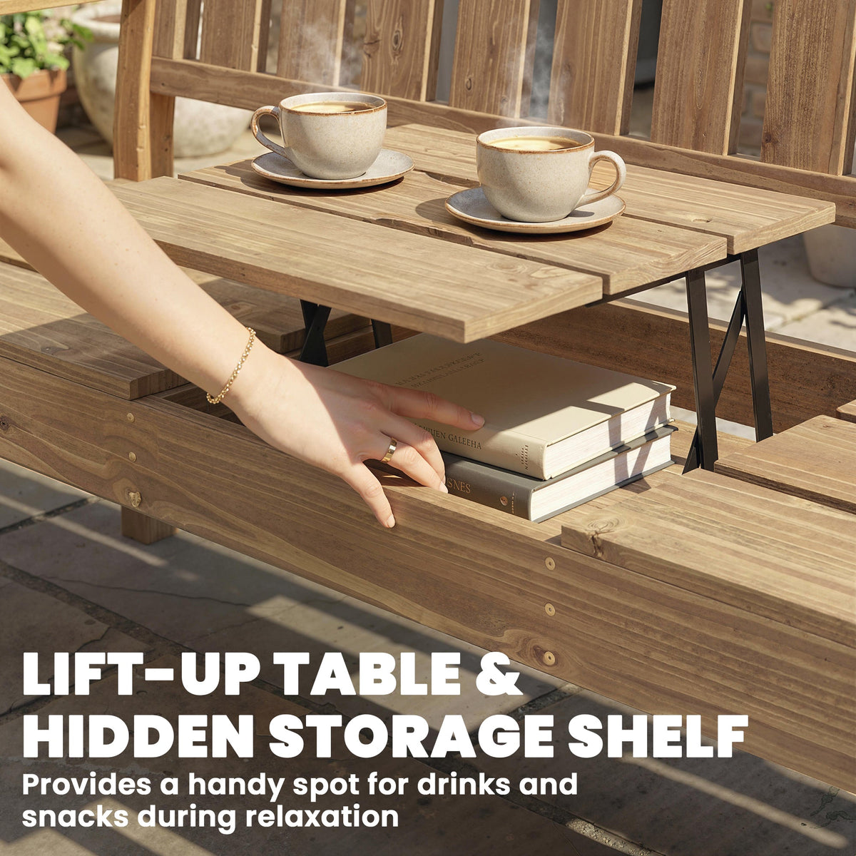 2-3 Seater Wooden Garden Loveseat with Liftable Table, Teak — product view 7