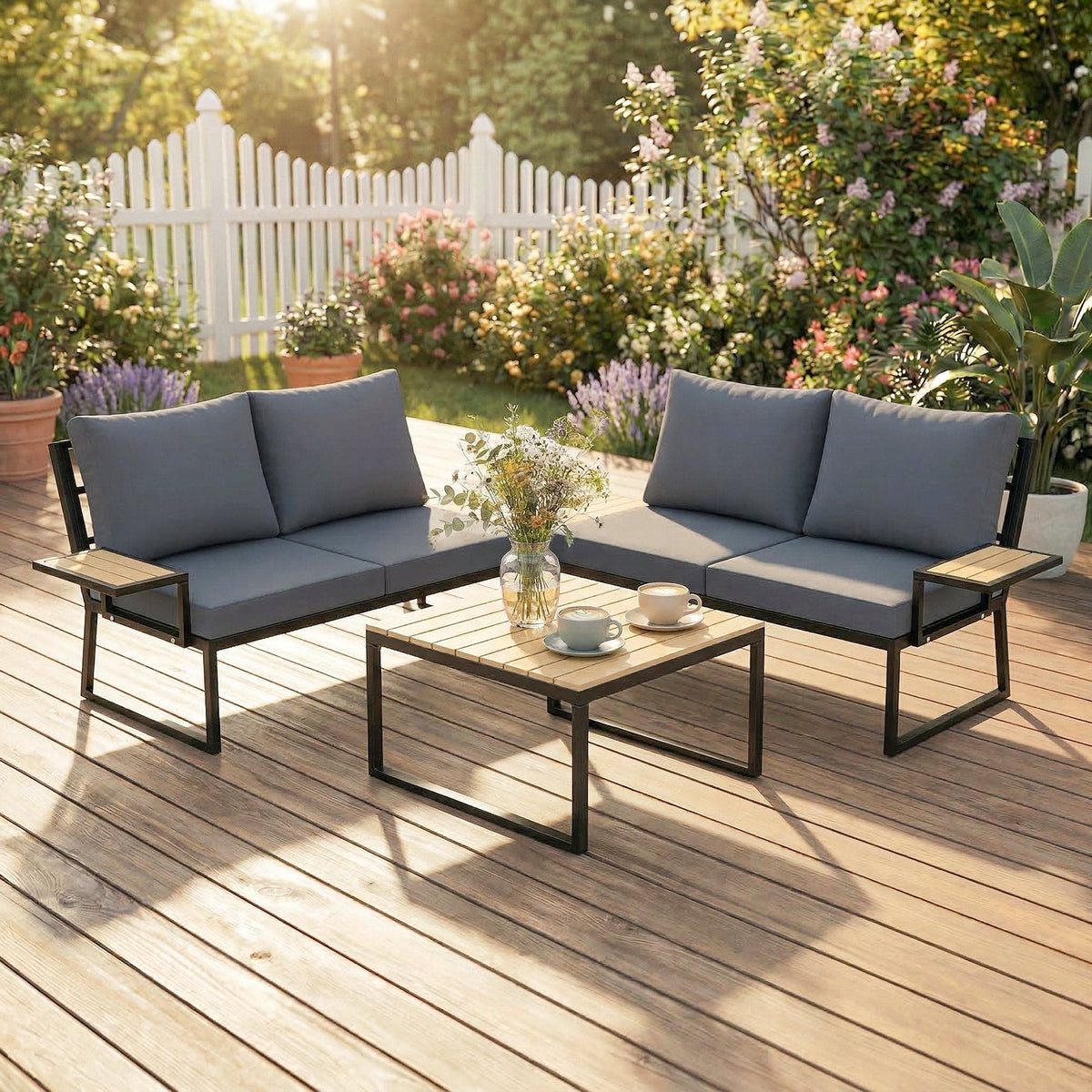 4 Seater Rattan Corner Sofa Set with 2 Nesting Tables, Teak — product view 4