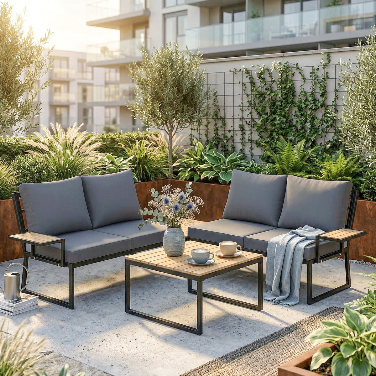 4 Seater Rattan Corner Sofa Set with 2 Nesting Tables, Teak — product view 3