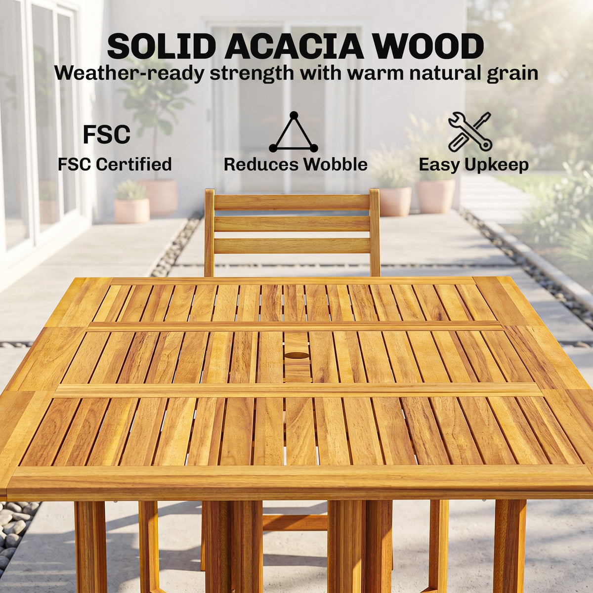 7-Piece Extending Acacia Dining Set with 6 Folding Chairs & Umbrella, Natural — product view 6