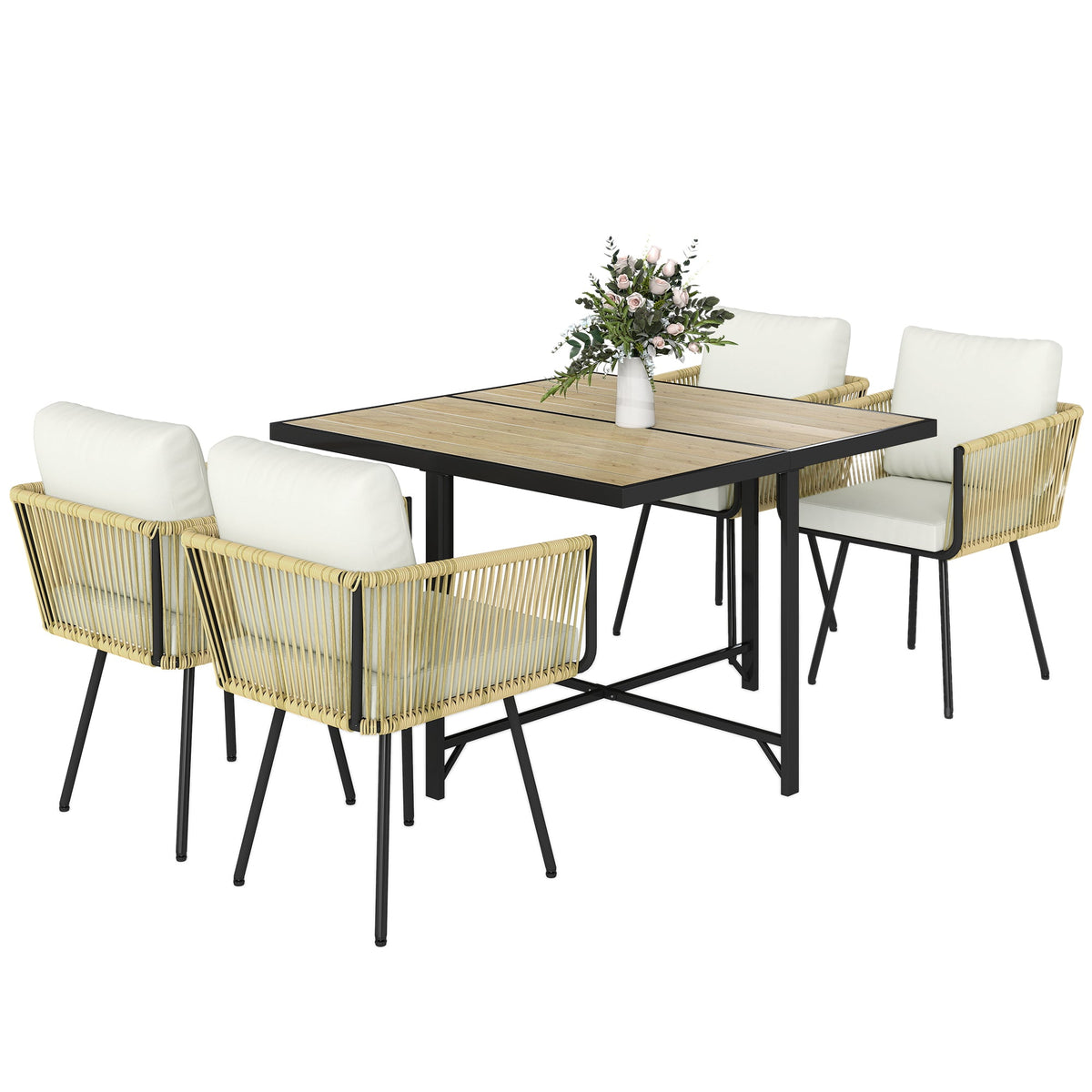 5 Piece Rattan Garden Dining Set with Stackable Chairs, Beige — product view 1