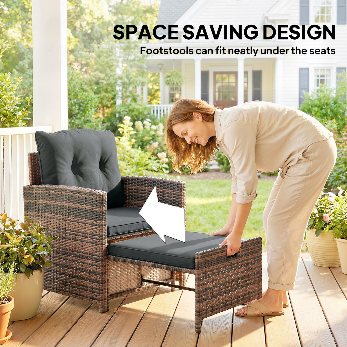 5-Piece Wicker Patio Set with Ottomans and 2-Tier Glass Table, Brown, Dark Grey — product view 6