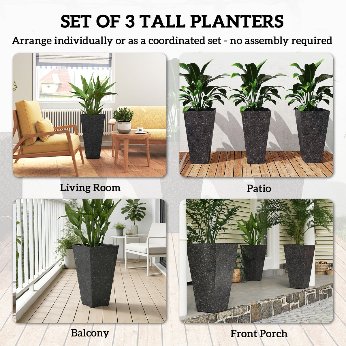 3-Piece 28" Tall Planters with Drainage Holes, Black — product view 6