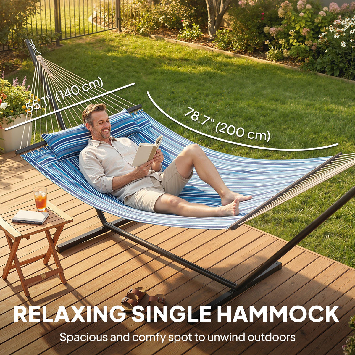 Outdoor Hammock with Stand, Detachable Pillow and Spreader Bars, Blue — product view 6