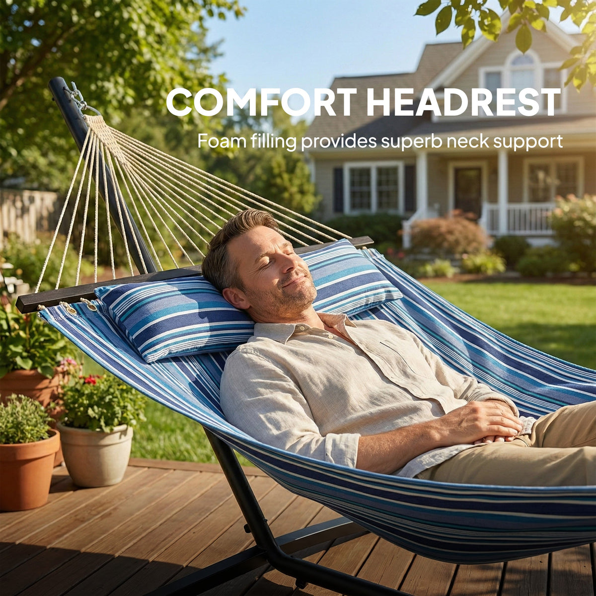 Outdoor Hammock with Stand, Detachable Pillow and Spreader Bars, Blue — product view 7