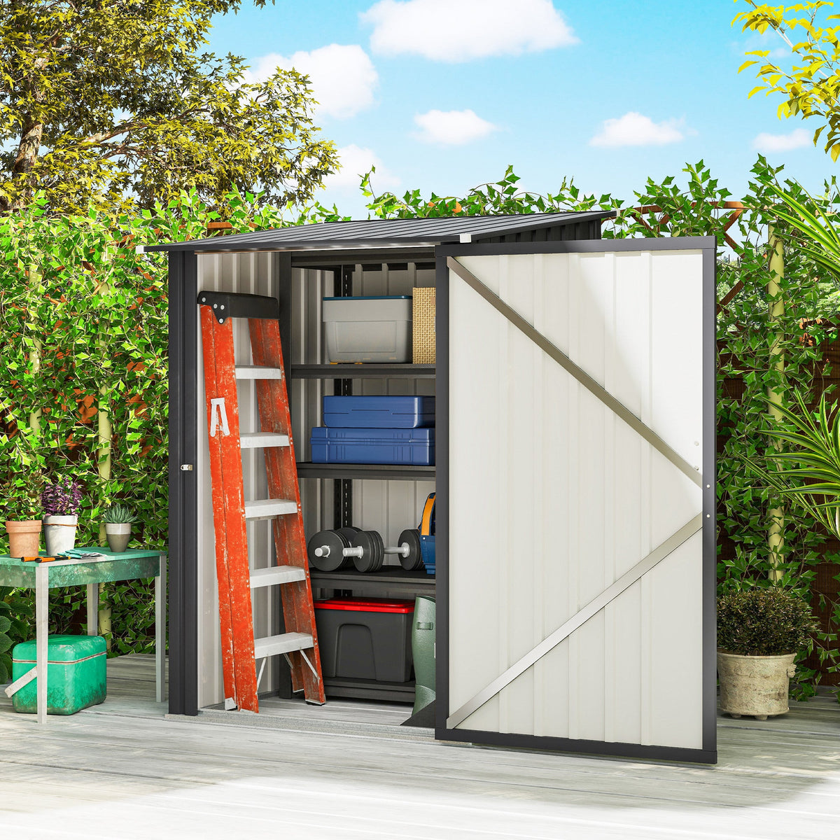 Lean-to Steel Garden Shed 3.3ft x 3.4ft with Lockable Door for Patio or Garden Storage, Dark Grey — product view 3