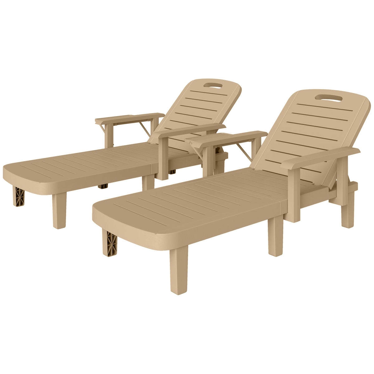 Set of 2 Resin Sun Loungers with Foldable Side Table, Khaki — product view 2