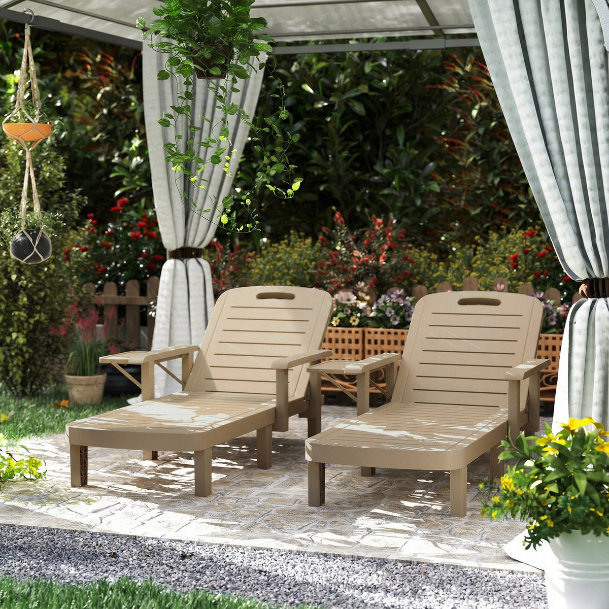 Set of 2 Resin Sun Loungers with Foldable Side Table, Khaki — product view 4
