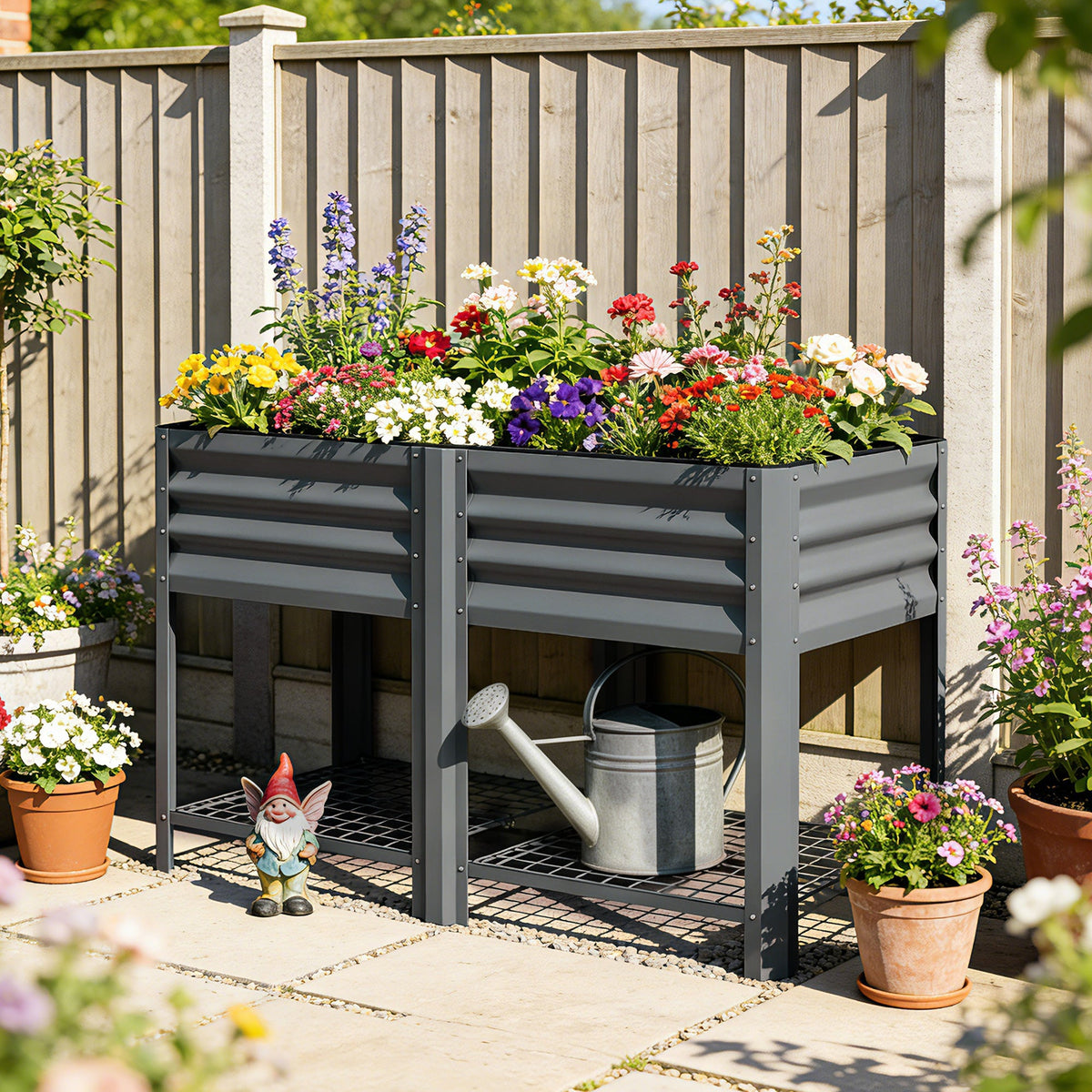 Galvanized Steel Raised Garden Bed with Legs and Storage Shelf, Dark Grey — product view 3