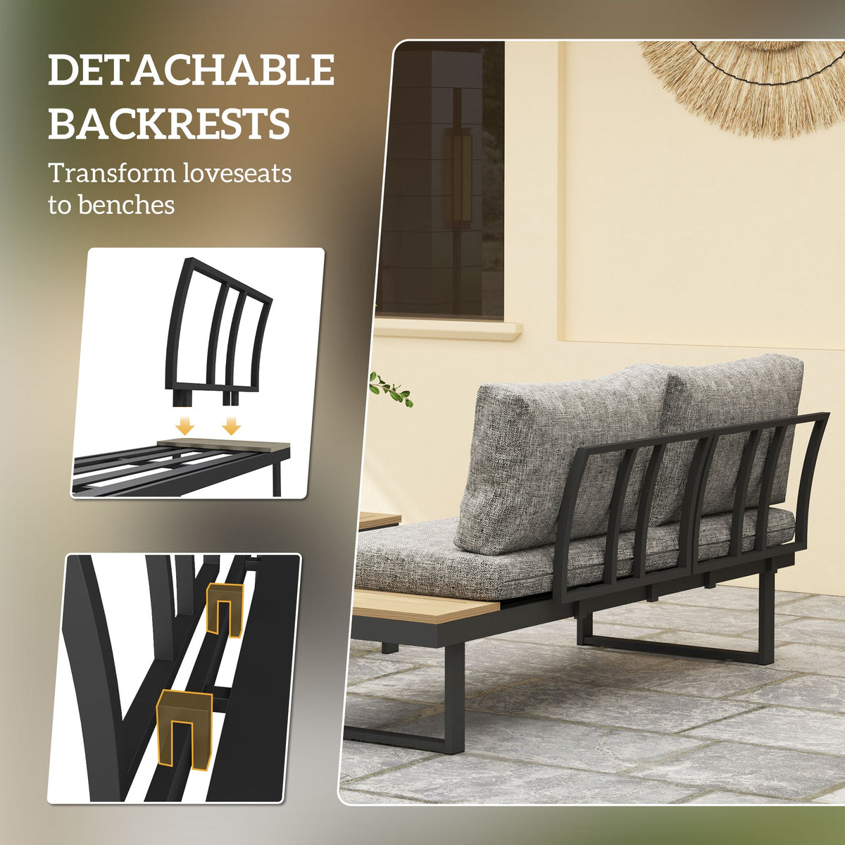3pc Sectional Patio Set with 2 Loveseats and WPC Table, Light Grey — product view 7