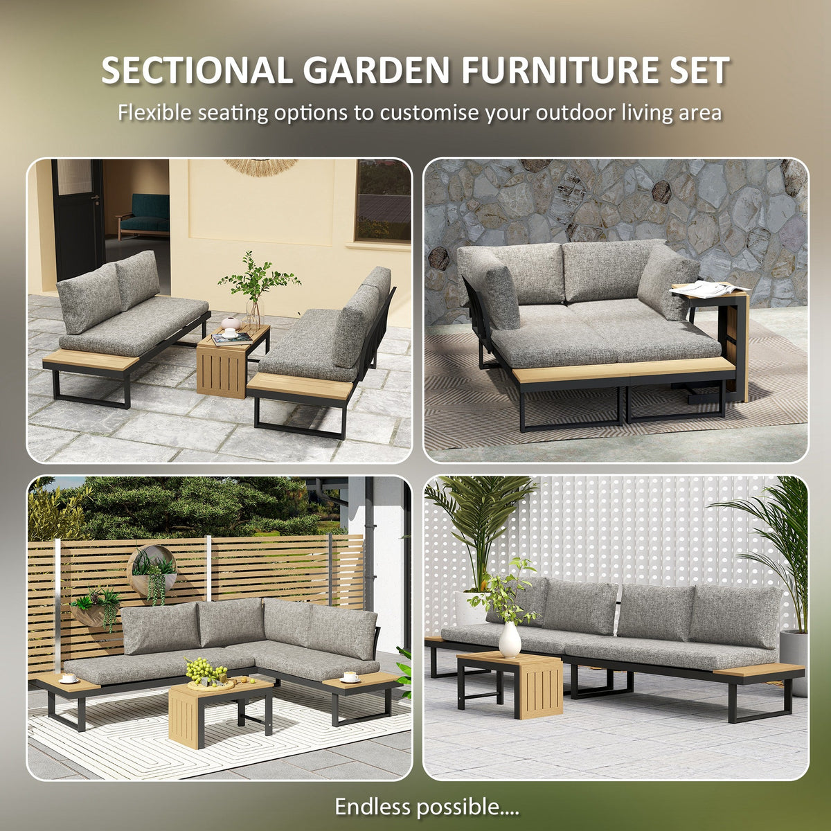 3pc Sectional Patio Set with 2 Loveseats and WPC Table, Light Grey — product view 6