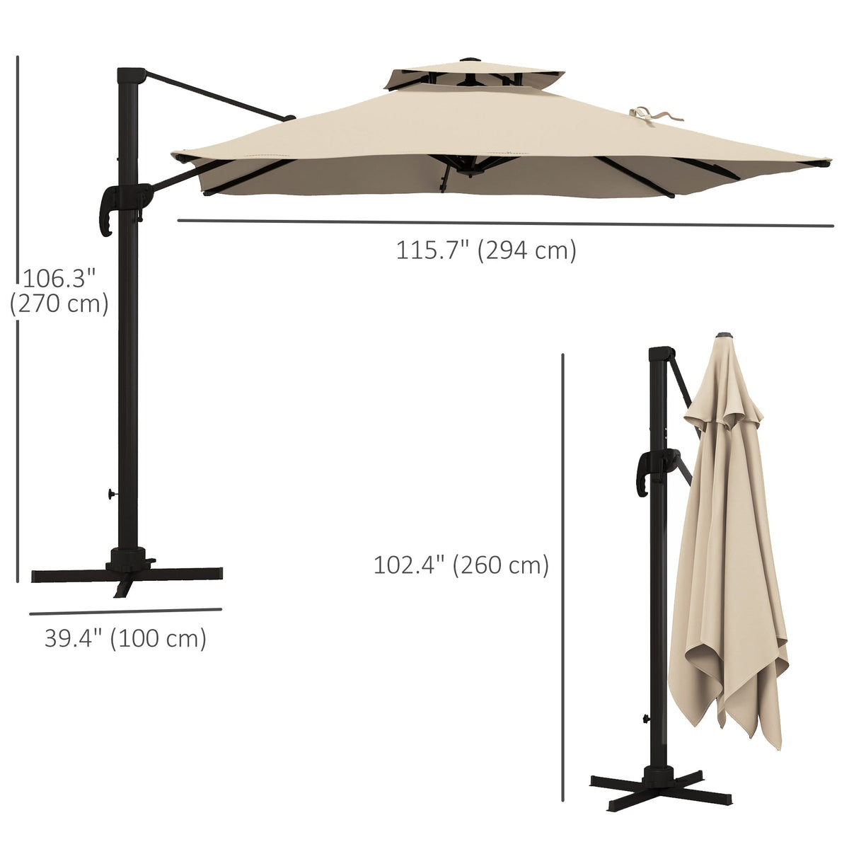 10ft Square Cantilever Patio Umbrella with 360° Rotation and Double Canopy, Khaki — product view 5