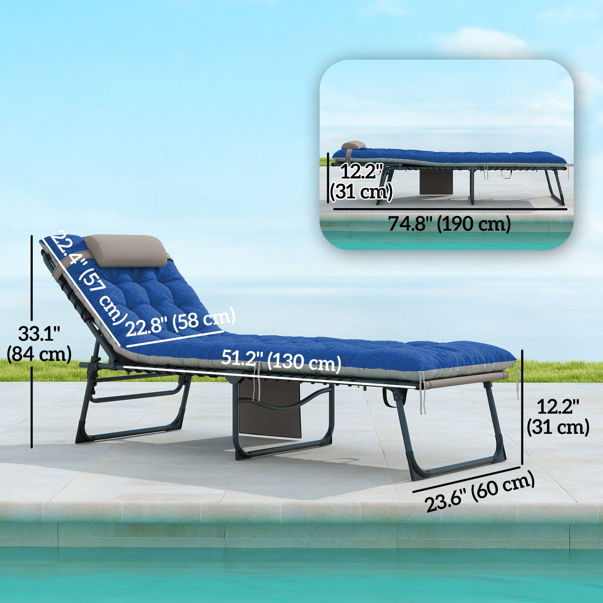 Set of 2 Folding Lounge Chairs with Cushion and Side Pocket, Brown/Blue — product view 5