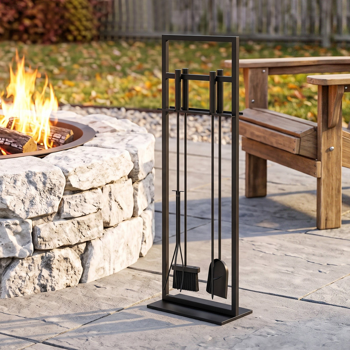5-Piece Fireplace Tool Set with Brush, Shovel, Poker, Tongs & Stand, Black Metal — product view 4