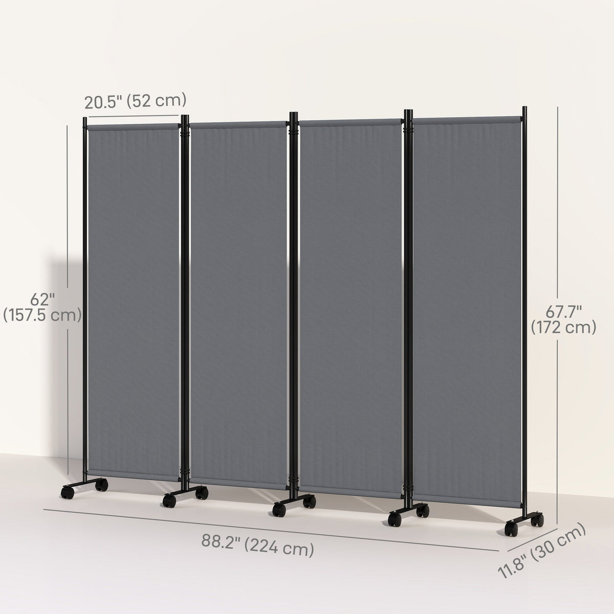 4 Panel Folding Room Divider with Lockable Wheels, Dark Grey — product view 5