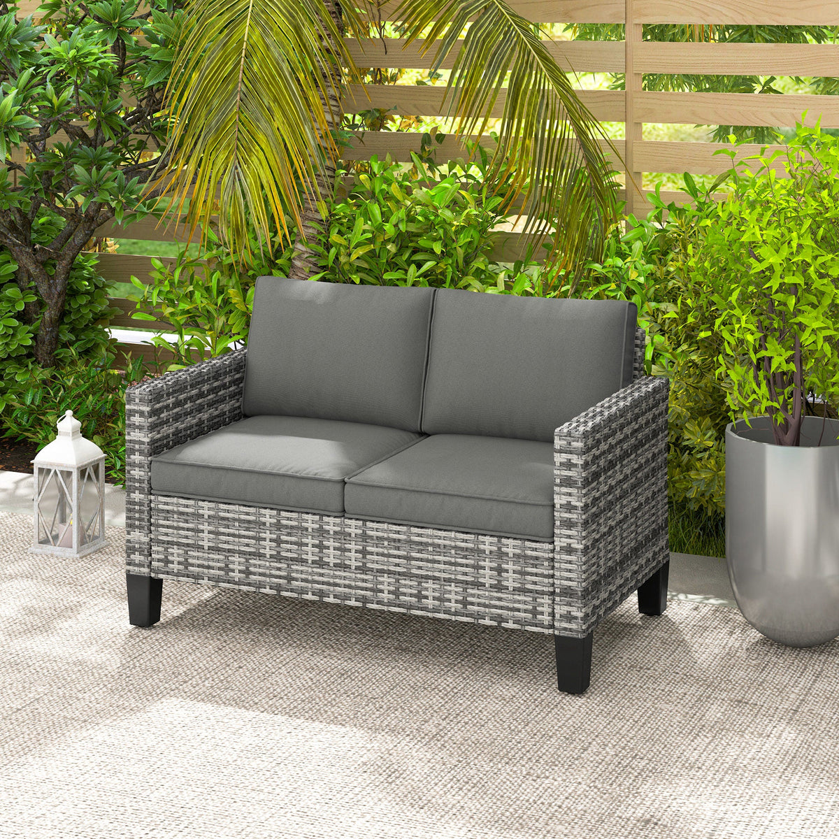 2 Seater Rattan Garden Sofa with Cushions & Armrests, Light Grey — product view 4