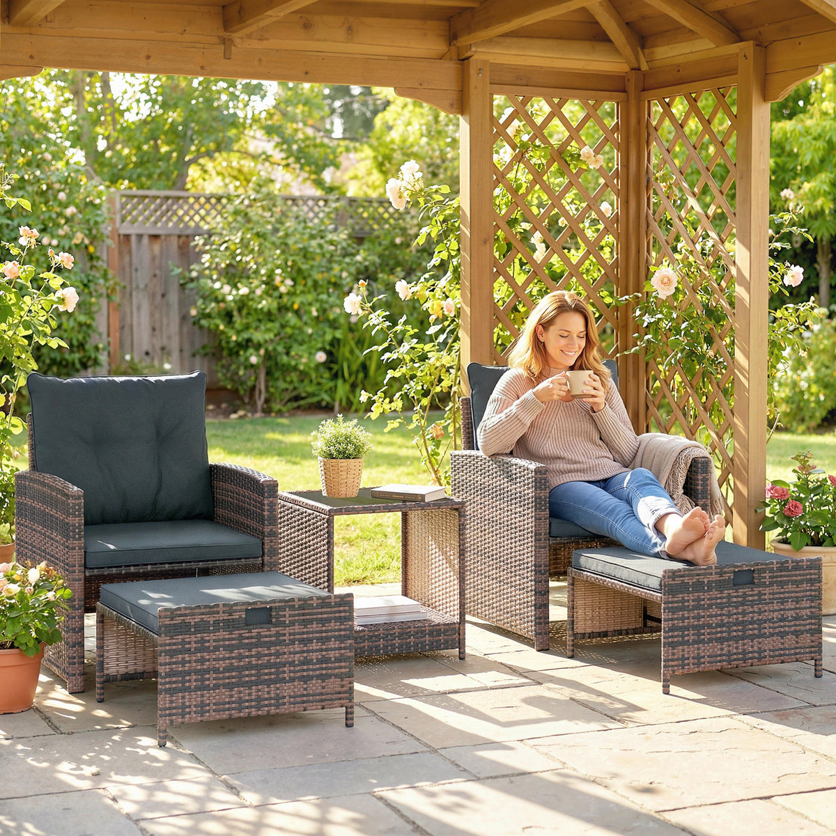 5-Piece Wicker Patio Set with Ottomans and 2-Tier Glass Table, Brown, Dark Grey — product view 3