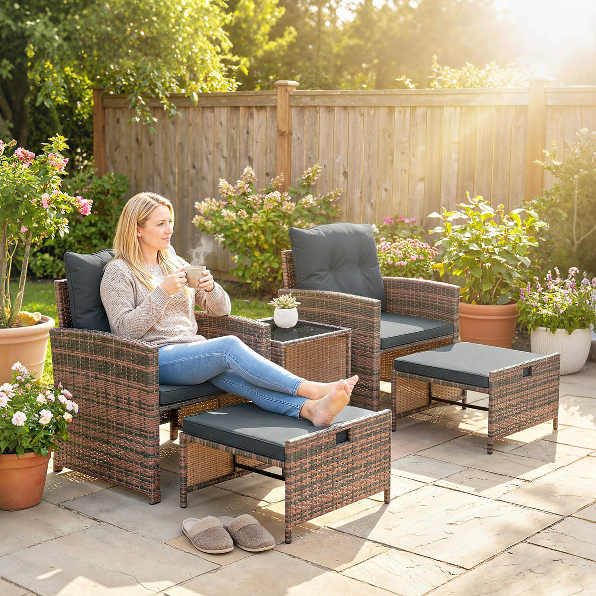 5-Piece Wicker Patio Set with Ottomans and 2-Tier Glass Table, Brown, Dark Grey — product view 4
