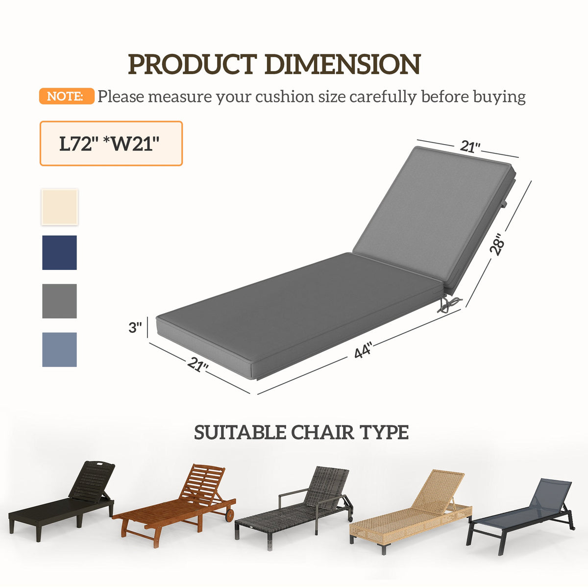 2-Piece Chaise Lounge Cushions, 72" x 21" x 3", Gray — product view 5