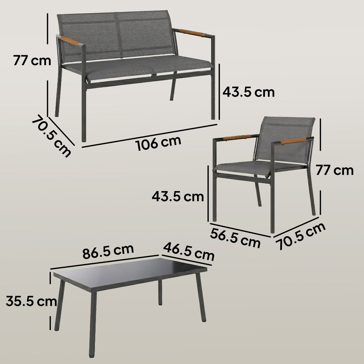 4-Seater Outdoor Sofa Set with Loveseat, 2 Armchairs & Metal Table, Mesh, Grey — product view 5