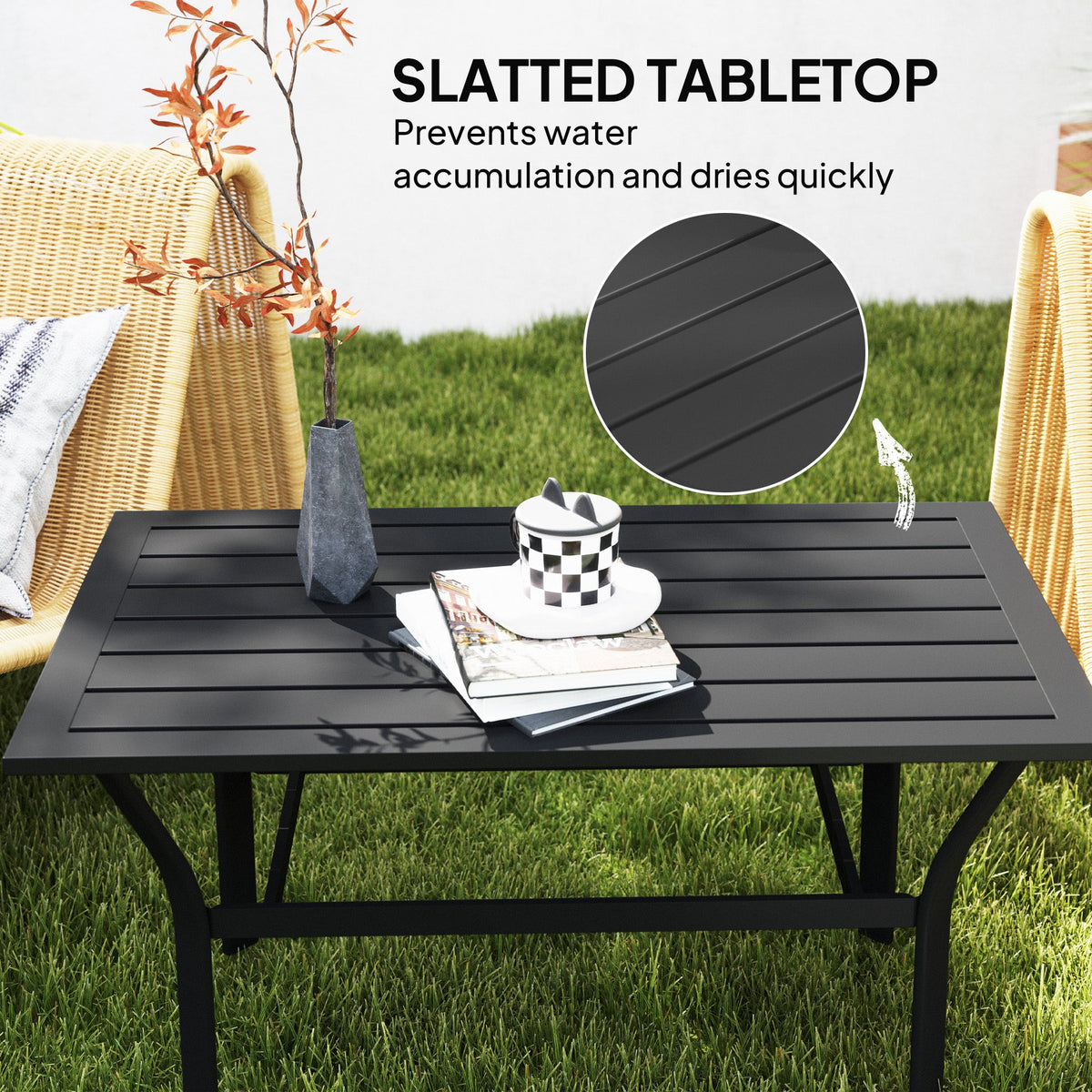 Outdoor Metal Coffee Table with Slatted Top, Black — product view 6