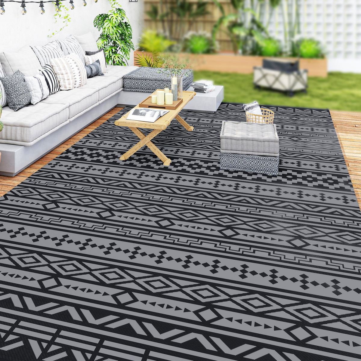 9' x 18' Reversible Outdoor Rug, Black Gray Geometric — product view 3