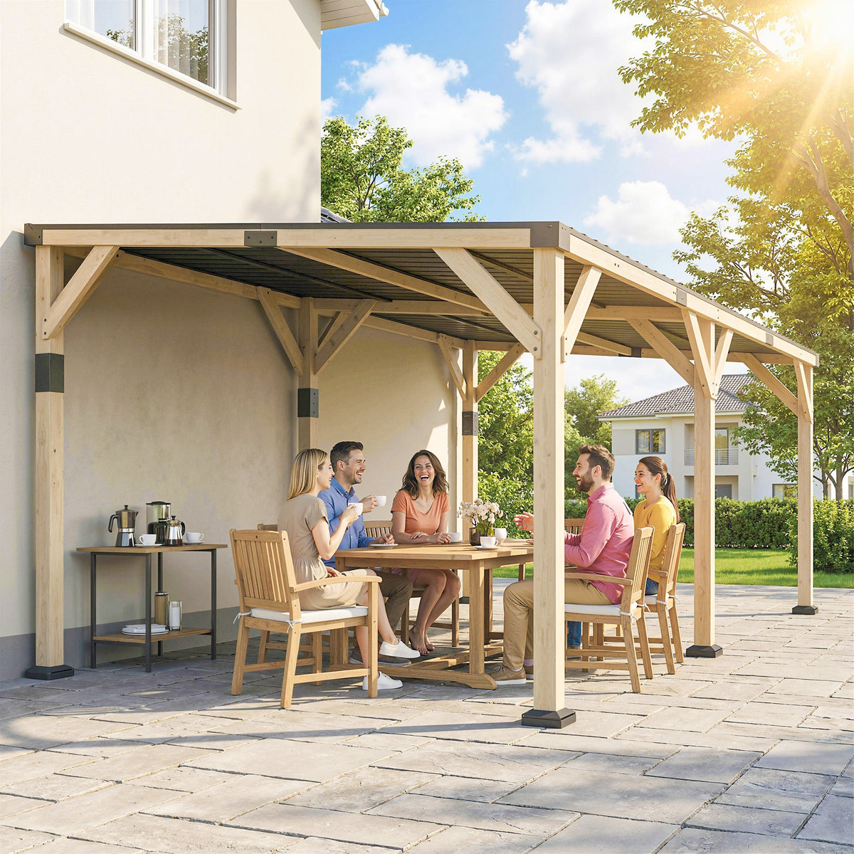 PerArbor 10' x 20' Wooden Lean-to Gazebo with Galvanized Steel Sloped Roof, Light Walnut — product view 4