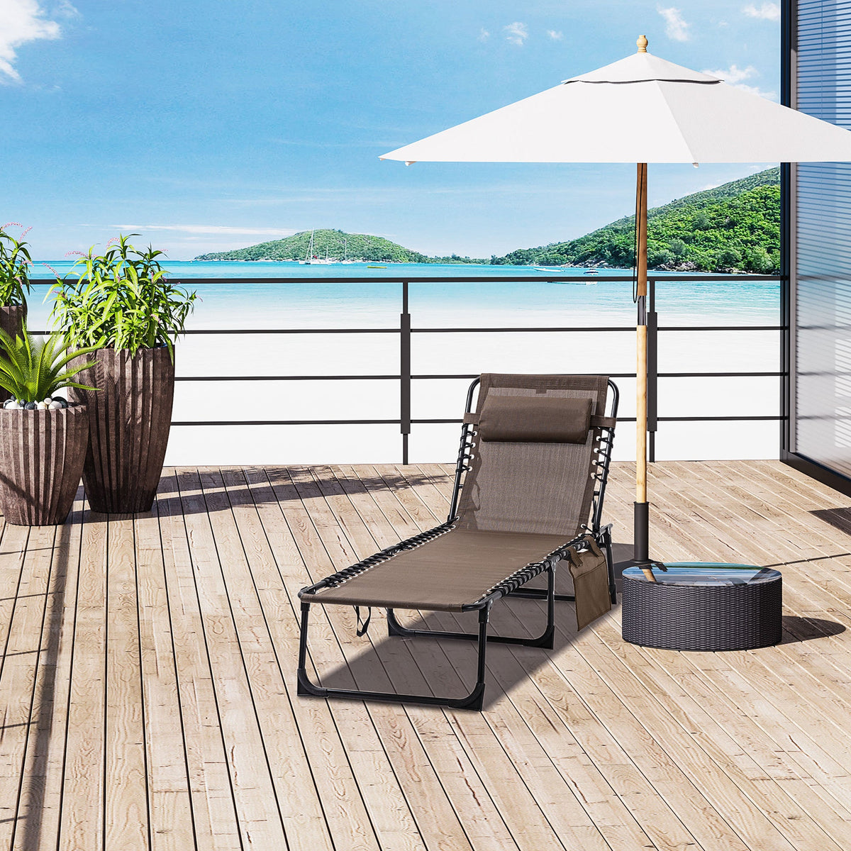 Folding Lounge Chair with Adjustable Backrest and Pillow, Brown — product view 3