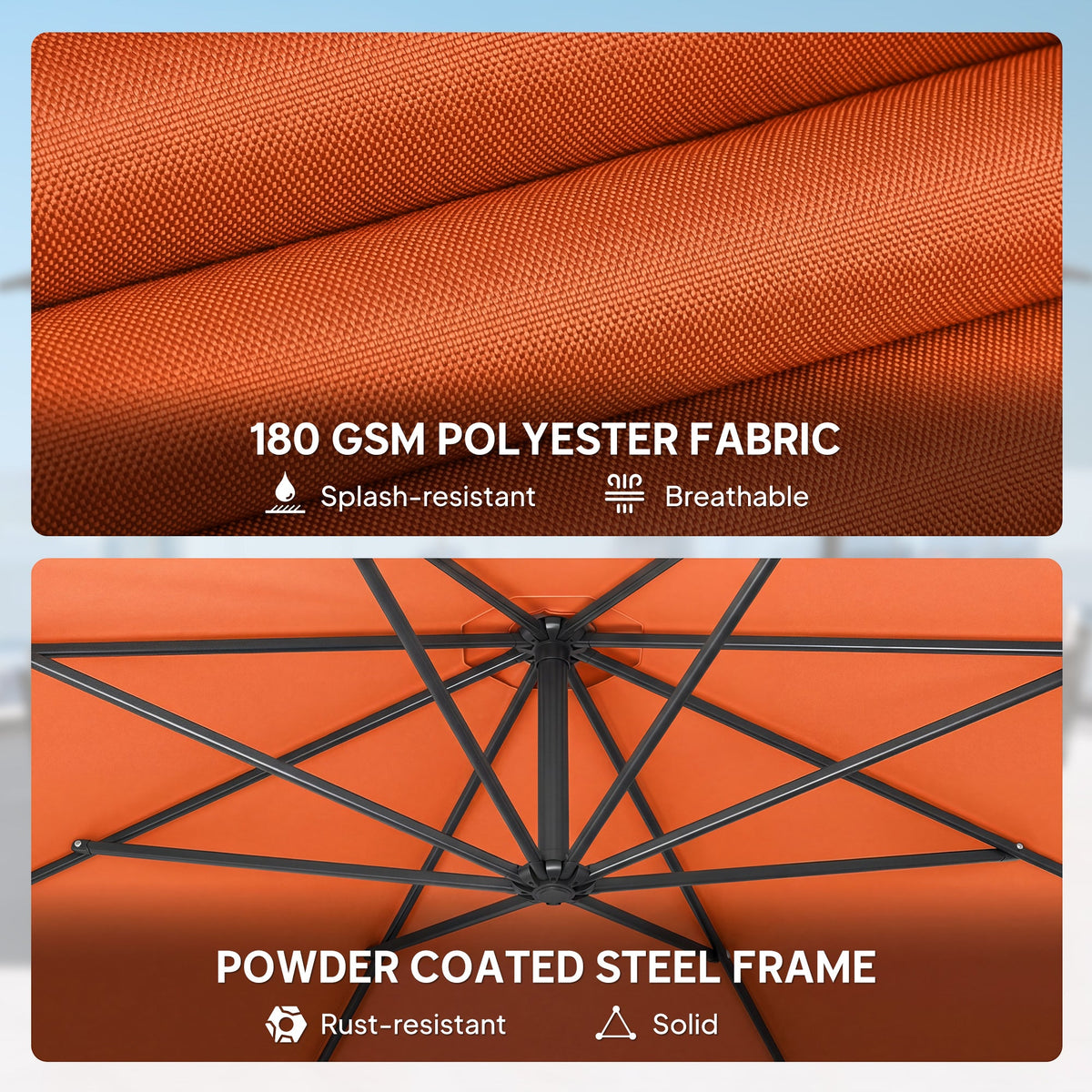 3 m Banana Parasol with Crank Handle, 8 Ribs & Cross Base, Orange — product view 7