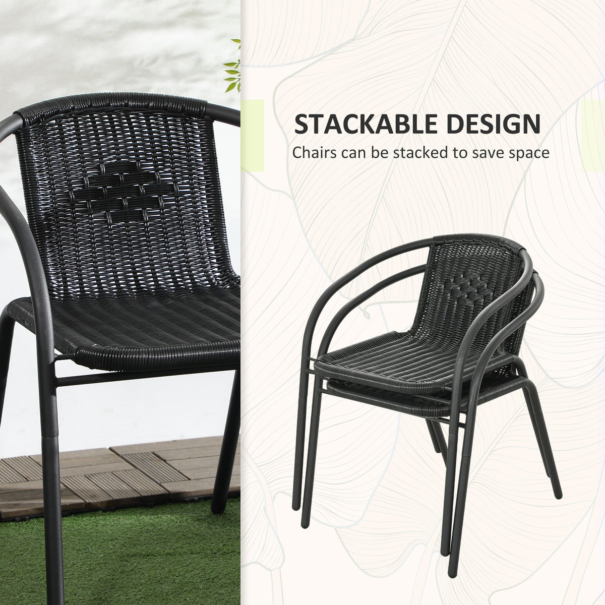 3 Piece Rattan Bistro Set with Coffee Table & Stackable Chairs, Black — product view 7