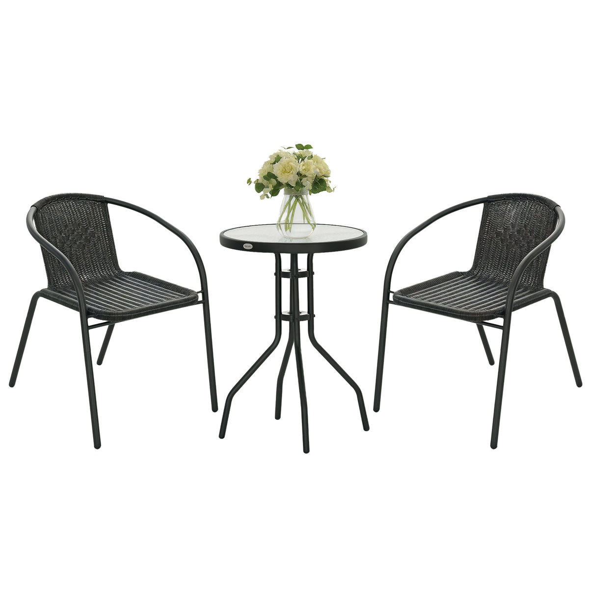 3 Piece Rattan Bistro Set with Coffee Table & Stackable Chairs, Black — product view 1