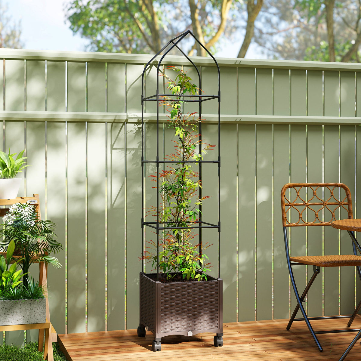 Self Watering Raised Garden Bed with Trellis & Wheels, Brown — product view 3
