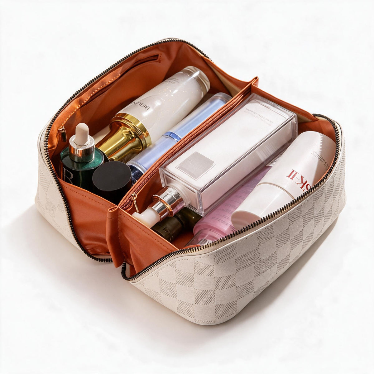 Cosmetic bag in check pattern made of PU leather with carrying handle — product view 2