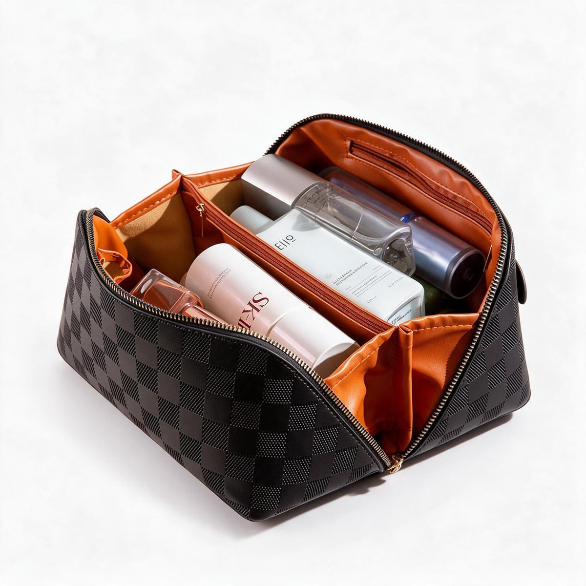 Cosmetic bag in check pattern made of PU leather with carrying handle — product view 4
