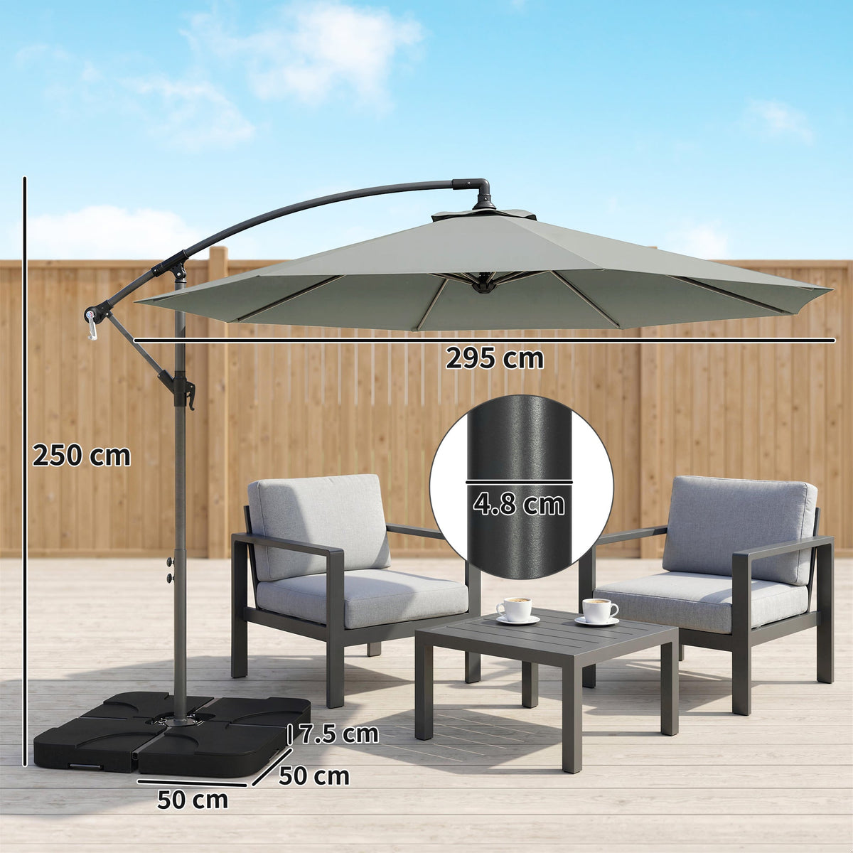 3 m Cantilever Parasol with Weights, Cover & Cross Base, Light Grey — product view 5