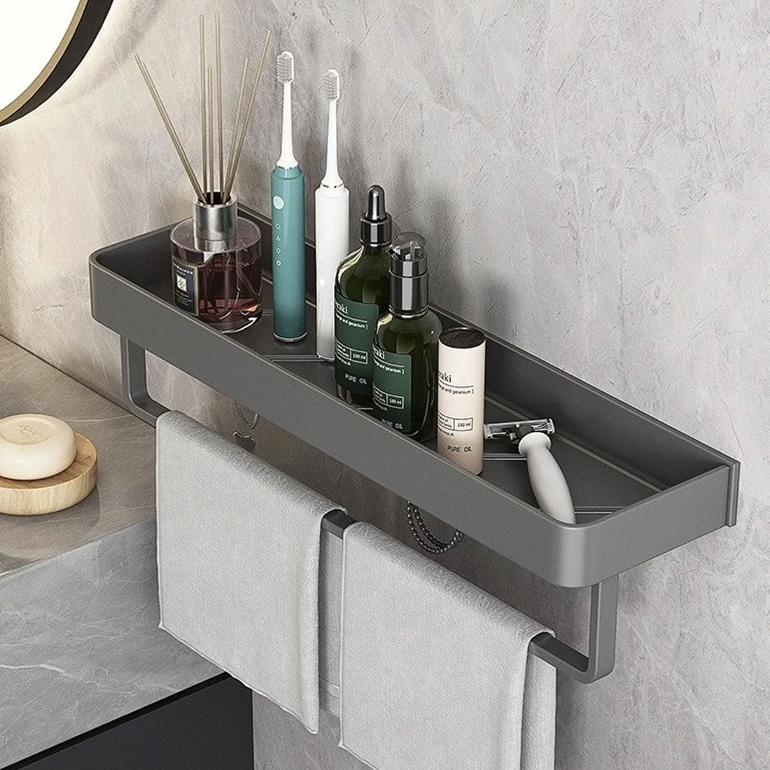 LoungeYard | Modern Grey Bathroom Shelf – Stylish Wall-Mounted Storage with Optional Towel Rail — product view 2