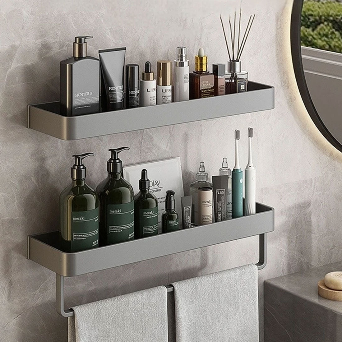 LoungeYard | Modern Grey Bathroom Shelf – Stylish Wall-Mounted Storage with Optional Towel Rail — product view 3