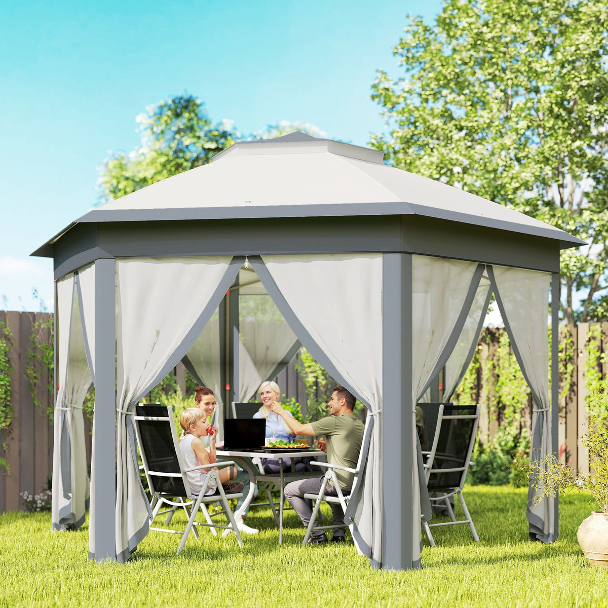 13' x 13' Hexagonal Pop Up Gazebo with Mesh Netting, Gray — product view 3